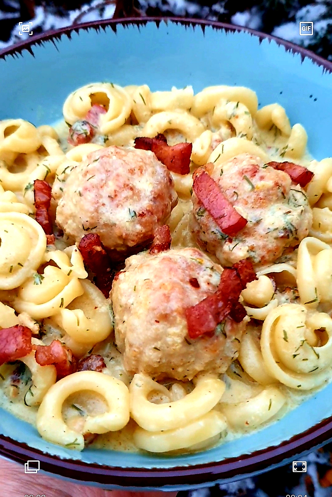 meatballs bacon pasta with tasty sauce
