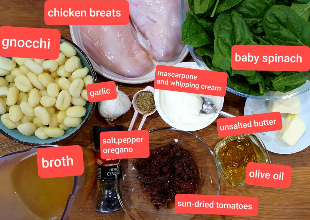 ingredients for creamy chicken spinach gnochi 